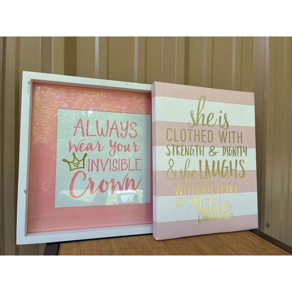 Pink Gold Inspirational Wall Art Set Crown Proverbs 31:25 Canvas Framed Decor